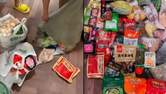 沪男子扛麻袋狂买5小时 商品摆满地